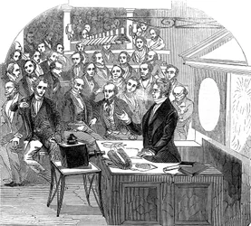 Michael Faraday palestrando sobre eletricidade e magnetismo, Royal Institution, Londres, 1846