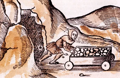 Mineiro, empurrando um carrinho de uma entrada de mina, 1508