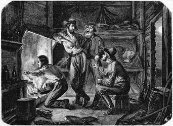 Mineiros nos campos de ouro da Califórnia relaxando em sua cabana de madeira à noite, 1853