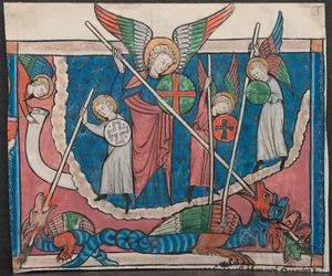 Miniatura de um manuscrito do apocalipse: a guerra no céu, c. 1295