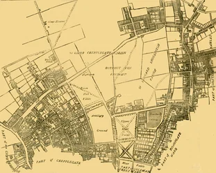 Moorfields e os seus arredores a partir de um mapa de cerca de 1720, c. 1872.