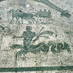 Mosaico, Carrinhos puxados por mulas com viajantes, Cisarii. século 1 dC