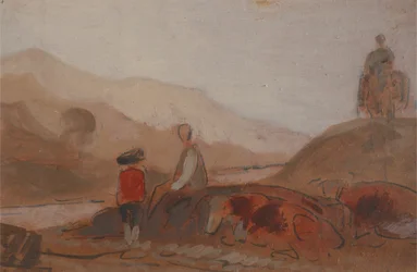 Paisagem montanhosa com figuras à beira de um lago, 1825 a 1830.
