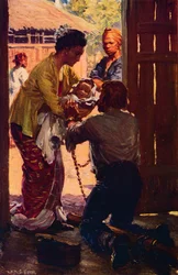Sra. Judson leva seu filho para seu marido acorrentado, c1912