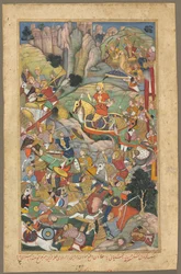 O governante Mughal Humayun derrotou os afegãos antes de reconquistar a Índia, fólio de um livro de Akbar-nama
