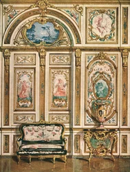 Decoração mural no Palácio de Fontainebleau, França, 1928.