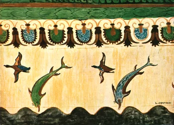 Friso mural no túmulo das leoas Tomba delle Leonesse, Tarquinia, Itália, 1928.