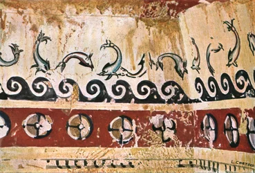 Pintura mural no túmulo de Typhon Tomba del Tifone em Tarquinia, Itália, 1928].