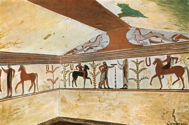 Pintura mural no túmulo do Barão Tomba del Barone em Tarquinia, Itália, 1928.