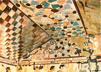 Pintura mural no túmulo com o banquete Tomba del Triclinio, Tarquinia, Itália, 1928.