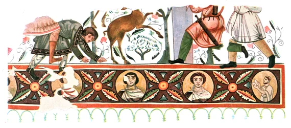 Pinturas murais nas ruínas do Mosteiro de São Apolo em Bawit, Egito, 1928.