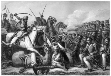 Cavalaria de amotinados atacando uma praça de infantaria na Batalha de Cawnpore, 1857, c1860