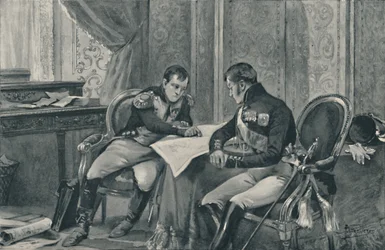 Napoleão e Alexandre em Tilsit, estudando o mapa da Europa, 1807, 1896