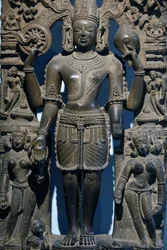 Museu Nacional, Nova Deli. Vixnu com as suas consortes. Dinastia Ganga Oriental