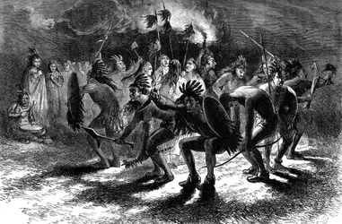 Dança do couro cabeludo dos nativos americanos, século XVII c1880