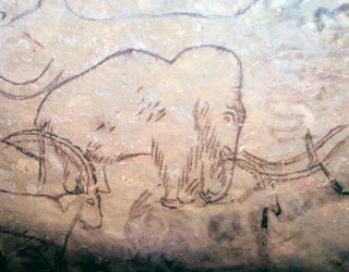 Pintura rupestre neolítica de um mamute e de íbexes