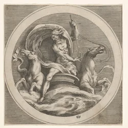 Netuno subindo do mar e carregando um cajado, acompanhado por duas cabeças de cavalo ..., ca. 1550-1600.