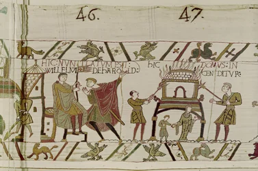 Notícias sobre o Harold ser levado para William e uma casa ser queimada pelos Normandos, Bayeux Tapestry (bordado de lã em linho)