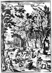 Índios norte-americanos Huron caçando e preparando comida na floresta, 1686