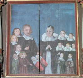 Pintura norueguesa mostrando uma família com quatorze filhos, século XVII