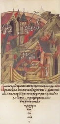 Novgorod veche. Novgorodians saquear a corte de Posadnik. Da Crônica Compilada Iluminada