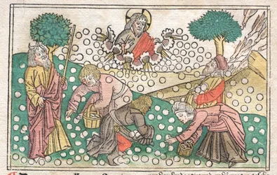Bíblia de Nüremberg: Maná caindo do céu, 1400s.