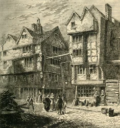 As casas velhas que estavam anteriormente nos carniceiros enfileiram, aproximadamente 1800, 1881.