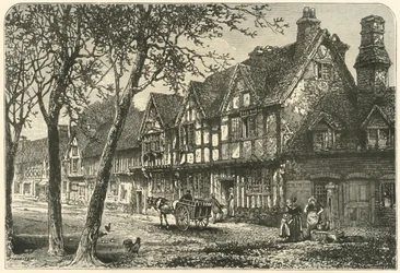 Casas antigas sob o castelo de Warwick, 1898.