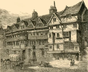 Casas antigas em Holborn perto da linha do meio, c1872.