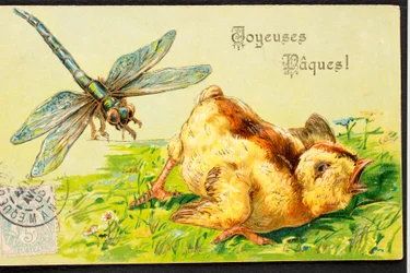 Cartão postal antigo/Páscoa Feliz/Chick/Dragonfly