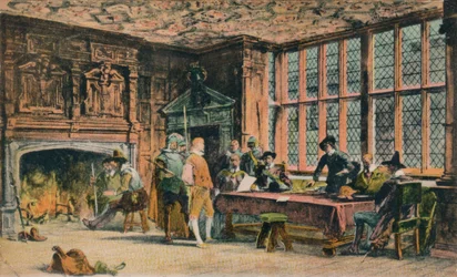 Oliver Cromwell tentando um prisioneiro durante a defesa de Banbury. A sala do globo de Ye Olde Reine Dee
