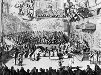 Abertura do Parlamento pela rainha Anne, Westminster, Londres, século XVIII c1905