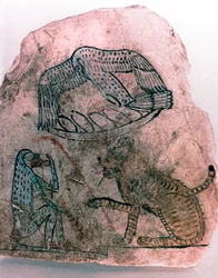 Fragmento de Ostracon, Chita, Pássaro e Macaco, Egito
