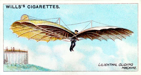 Otto Lilienthal, pioneiro alemão do voo à vela e inventor aeronáutico, a voar num dos seus planadores