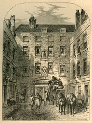 Corte exterior de La Belle Sauvage em 1828, 1897.