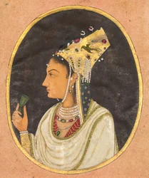 Retrato oval de uma mulher de chapéu Chaghtai, c. 1740-50.