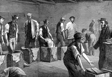 Embalagem de chá nos armazéns da East & West India Dock Company, Londres, 1874