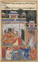 Página de Contos de um papagaio Tuti-nama: Oitava noite: A esposa enganosa agride, c. 1560
