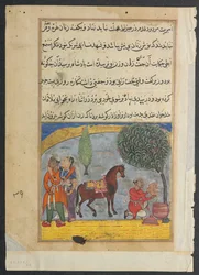 Página de Contos de um papagaio Tuti-nama: Oitava noite: O filho dos amantes faz um elefante, c1560.