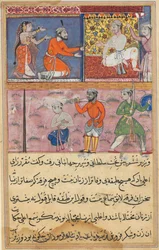 Página de Contos de um papagaio Tuti-nama: Oitava noite: O príncipe enviado de volta ao local ..., c. 1560