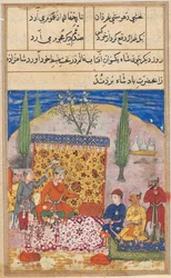 Página de Contos de um papagaio Tuti-nama: Oitava noite: O jovem príncipe é apresentado ..., 1558-1560.
