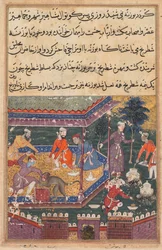 Página de Contos de um papagaio Tuti-nama: Quinta noite: O macaco ferido morde a mão., C1560.