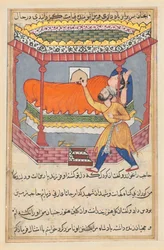 Página de Contos de um papagaio Tuti-nama: Quinquagésima noite: O rei coloca o talismã ..., c. 1560