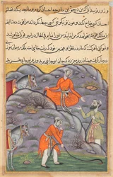 Página de Contos de um papagaio Tuti-nama: Quadragésima quinta noite: O Amir mata a cobra ..., c. 1560