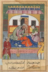Página de Contos de um papagaio Tuti-nama: Quadragésima segunda noite: Arrependendo-se de sua conduta ..., c. 1560