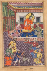 Página de Contos de um papagaio Tuti-nama: Quadragésima sexta noite: A corte do Raja de Ujjain, c. 1560