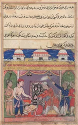 Página de Contos de um papagaio Tuti-nama: Sétima noite: O rei do Bahilistão oferece ..., c. 1560