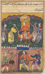 Página de Contos de um papagaio Tuti-nama: Sétima noite: O vizir dissuade o rei ..., c. 1560