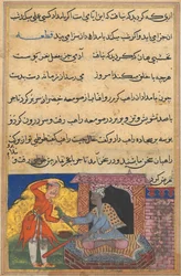 Página de Contos de um papagaio Tuti-nama: Décima noite: O monge retorna o papagaio mágico ..., c. 1560