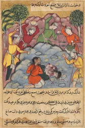 Página de Contos de um papagaio Tuti-nama: A filha de Rajas e seu amante apedrejaram ..., c. 1560